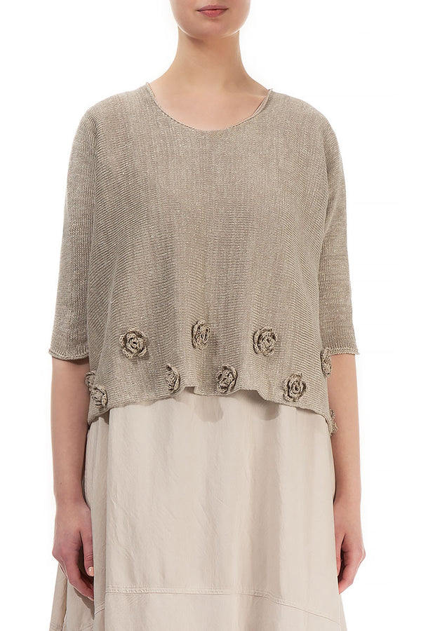 Flowers Decorated Natural Linen Jumper 1
