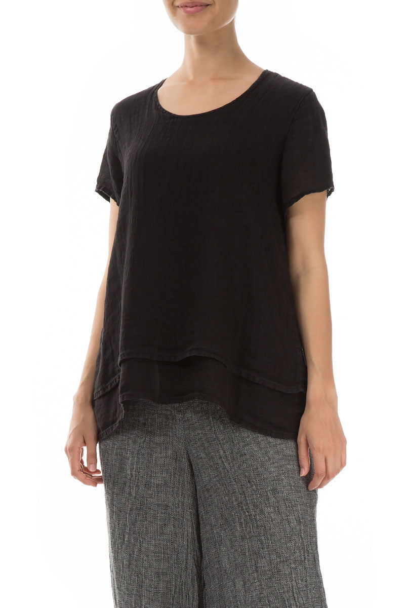 Layered Short Sleeves Black Gauze Linen Blouse 3