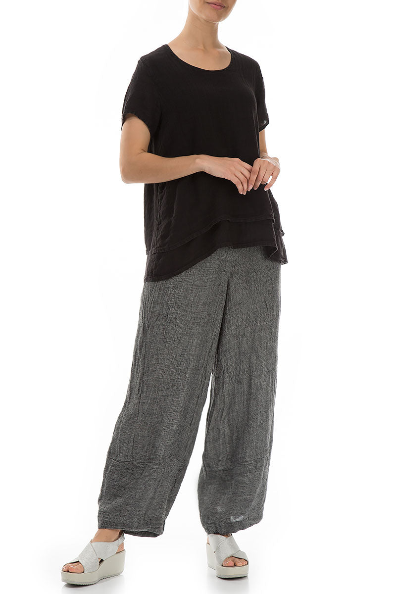 Layered Short Sleeves Black Gauze Linen Blouse 4