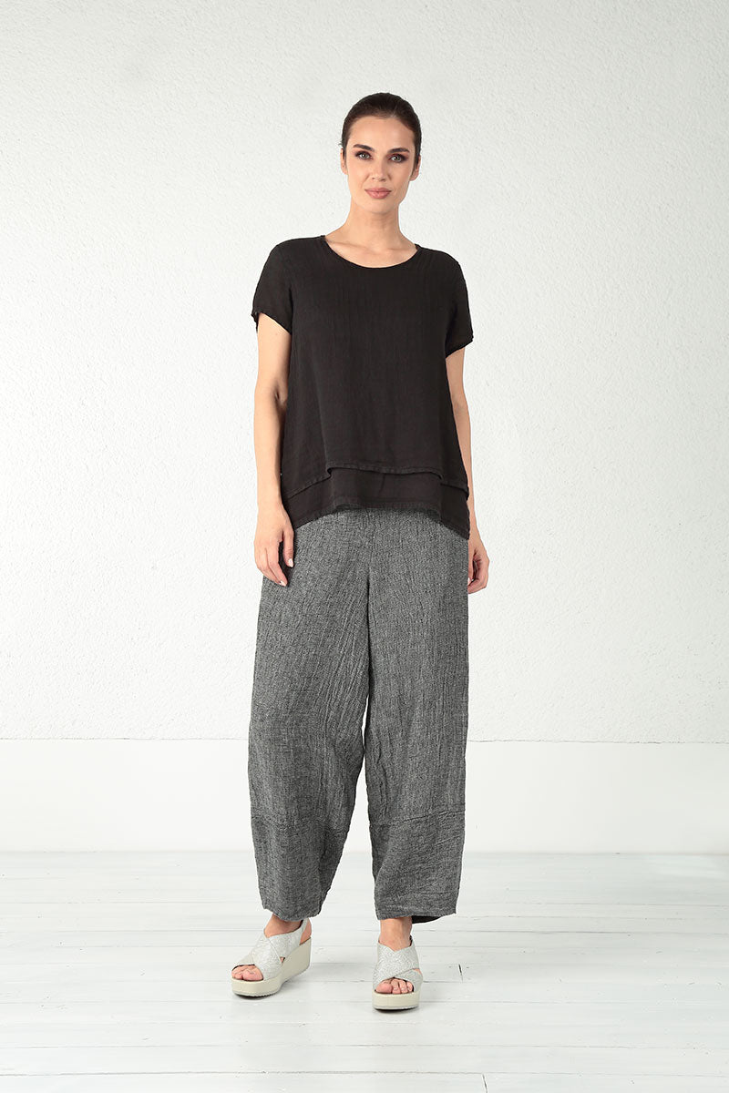 Layered Short Sleeves Black Gauze Linen Blouse 6