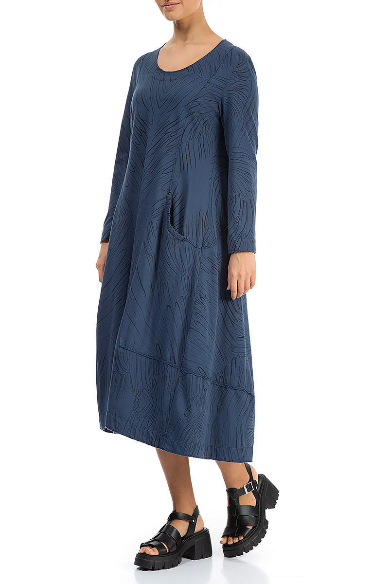 Long Feathers Denim Blue Cotton Dress 3