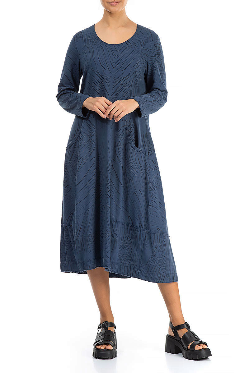Long Feathers Denim Blue Cotton Dress 4