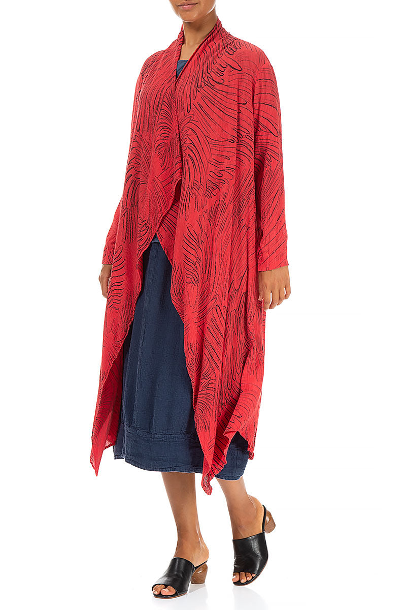 Open Feathers Poppy Red Crinkled Silk Viscose Jacket 3