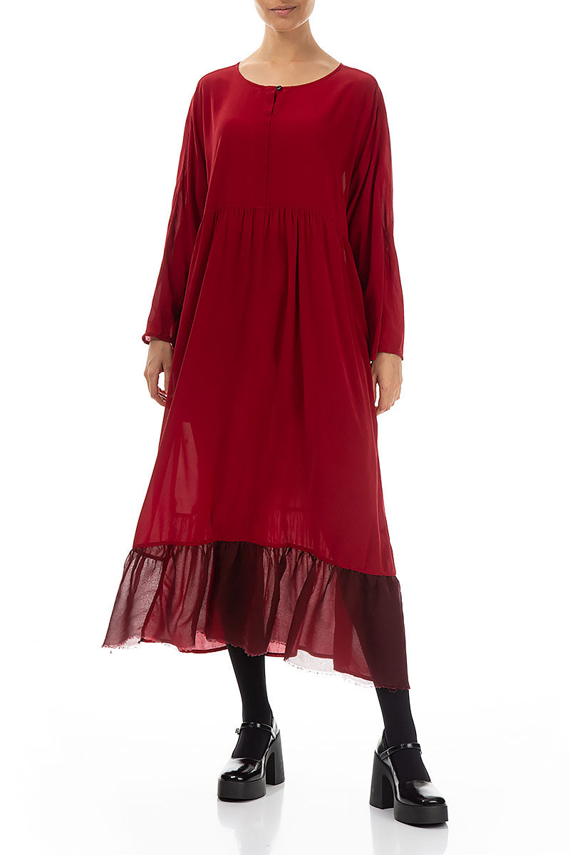 Ruffled Chiffon Hem Red Silk Dress 3