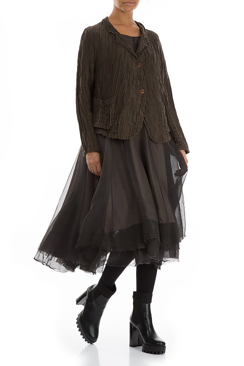 Short Crinkled Chocolate Brown Silk Linen Jacket 4