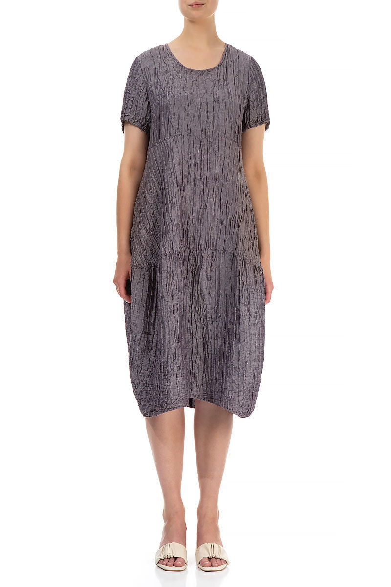 Short Sleeves Balloon Crinkled Amethyst Silk Dress 1