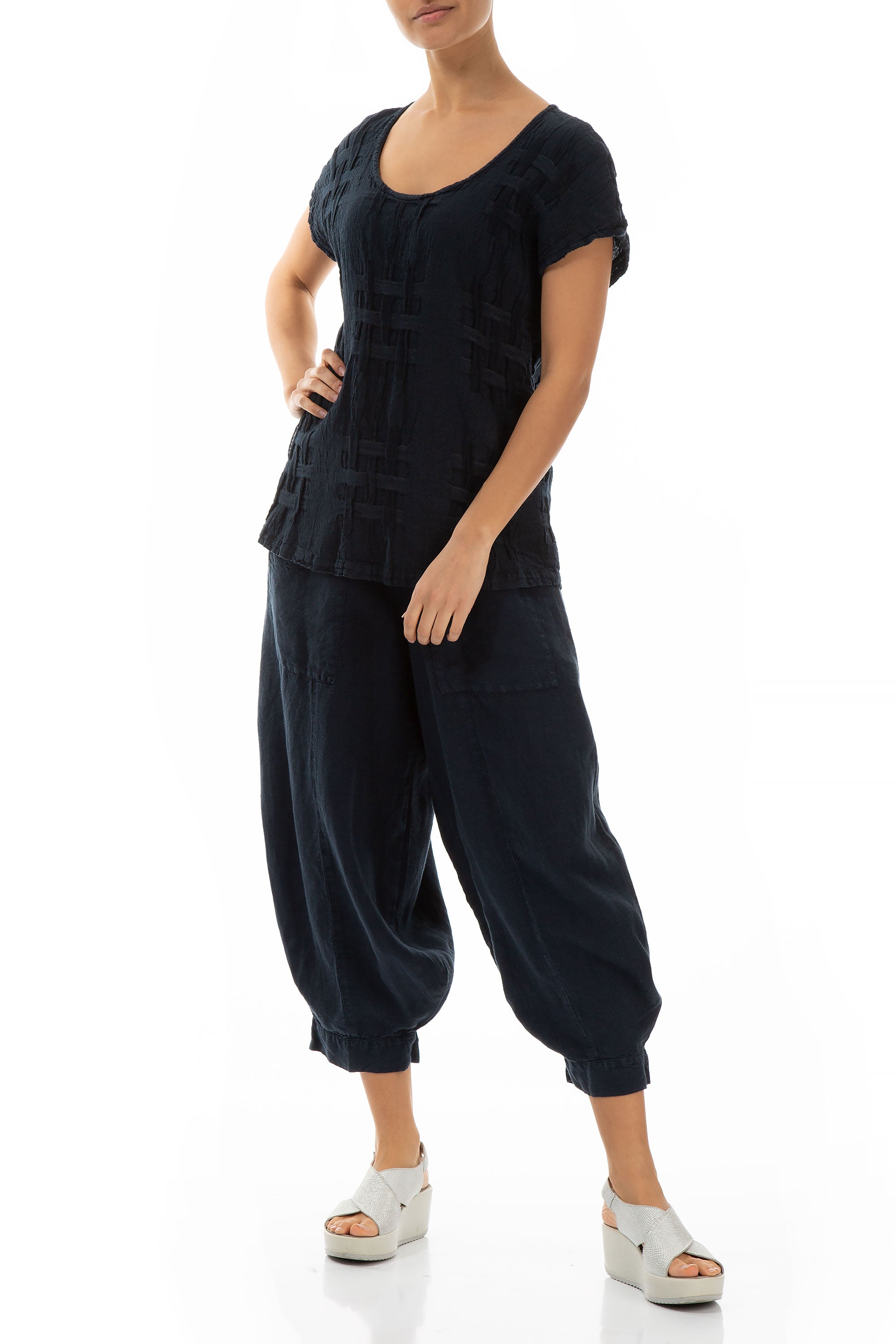 Short Sleeves Checkered Texture Midnight Blue Linen Top 4