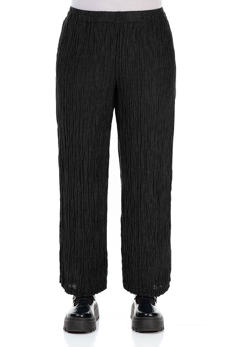 Straight Crinkled Black Silk Trousers 1