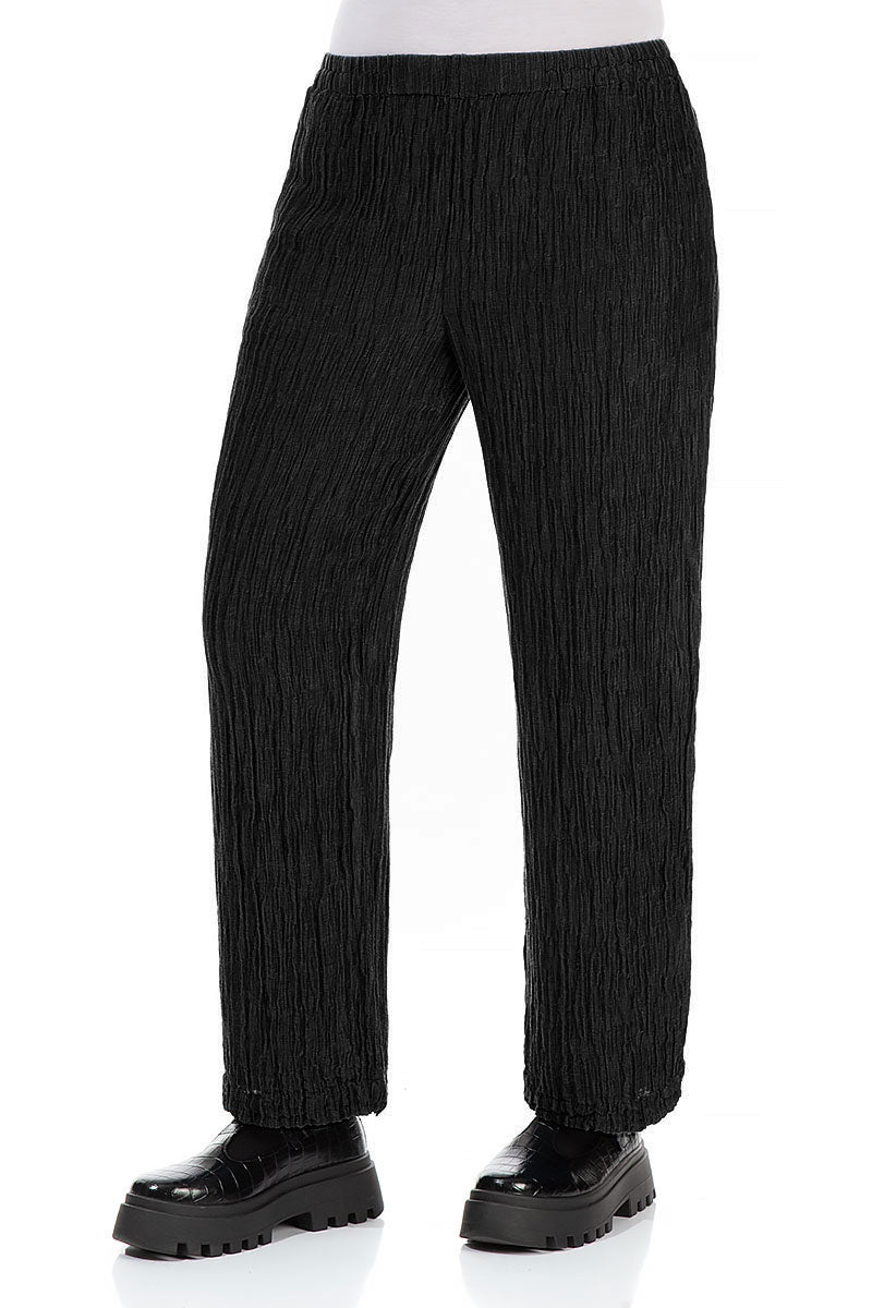 Straight Crinkled Black Silk Trousers 3