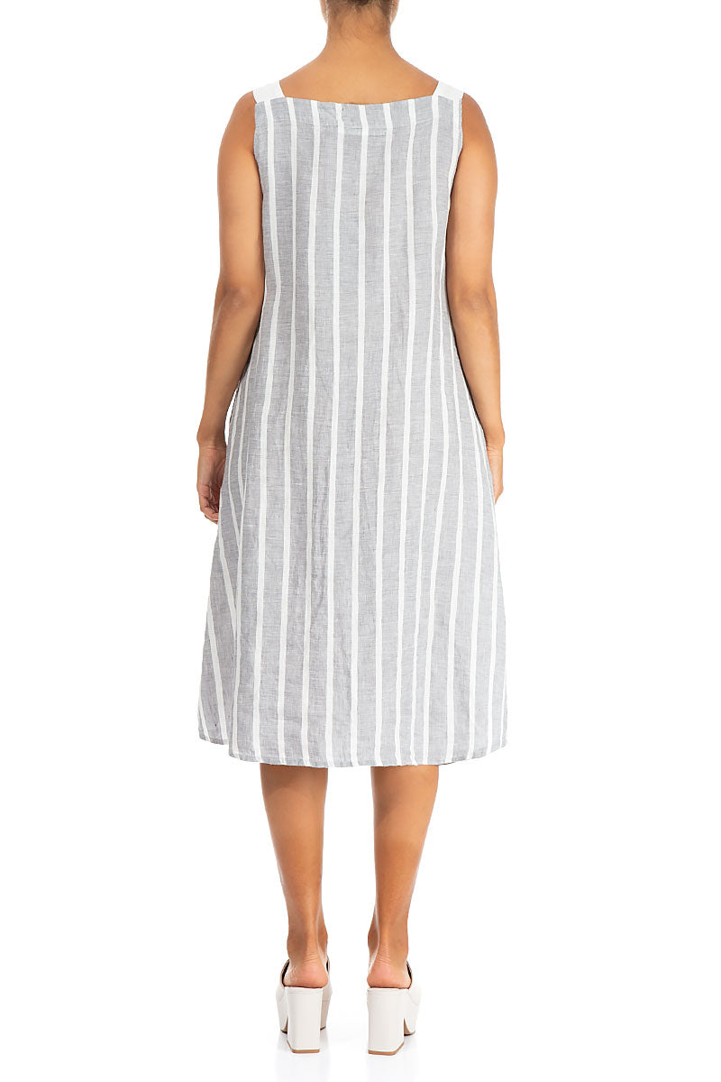 Stripy Grey Linen Midi Dress 2