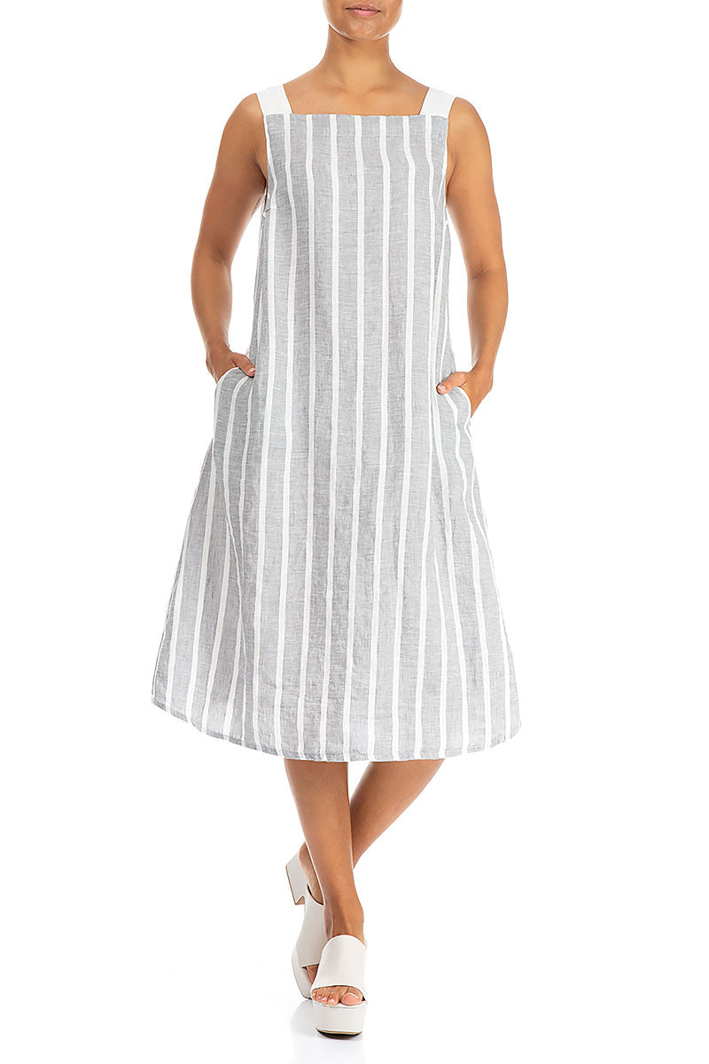 Stripy Grey Linen Midi Dress 3