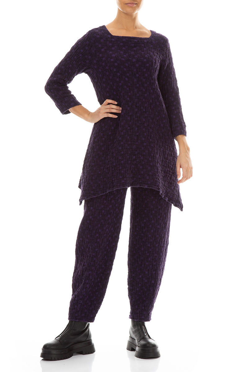 Tapered Purple Textured Linen Trousers 4
