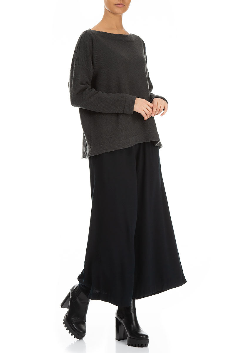 Wide Cropped Dark Navy Viscose Trousers 5