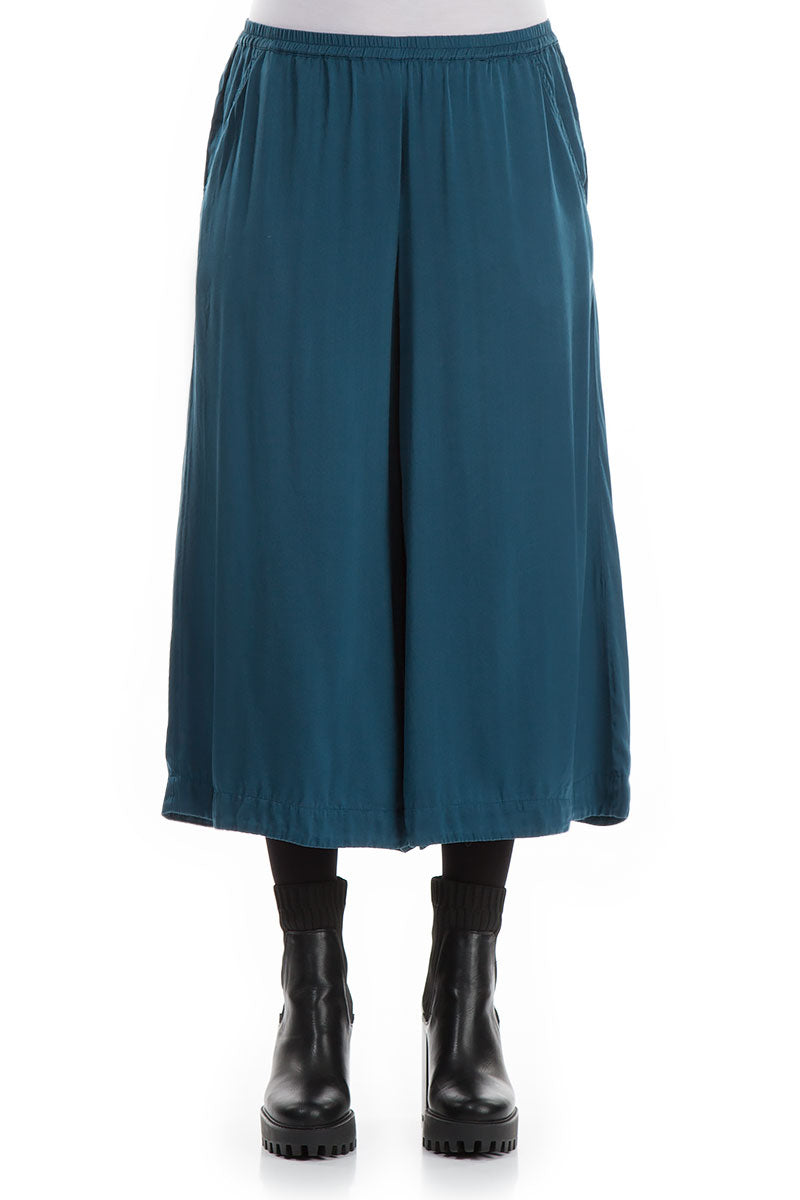 Wide Cropped Peacock Blue Silk Trousers 1