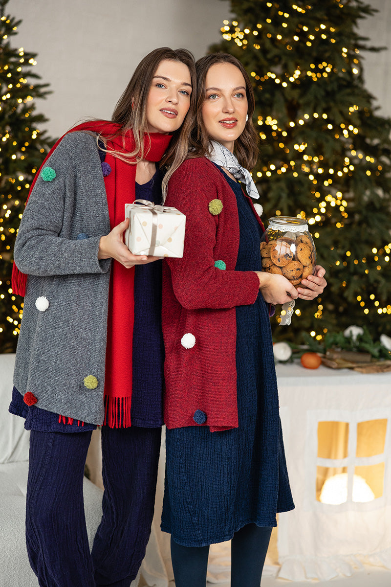 Pom-Pom Ruby Red Wool Cardigan 7