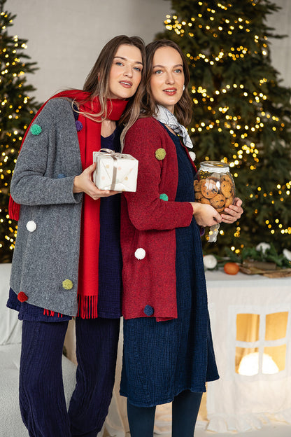 Pom-Pom Ruby Red Wool Cardigan 7