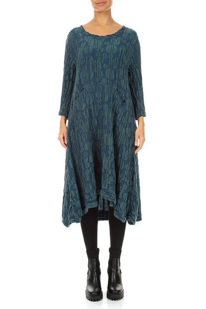 A-Linien-Kreiskleid aus Dunkeltürkis, Seide und Leinen