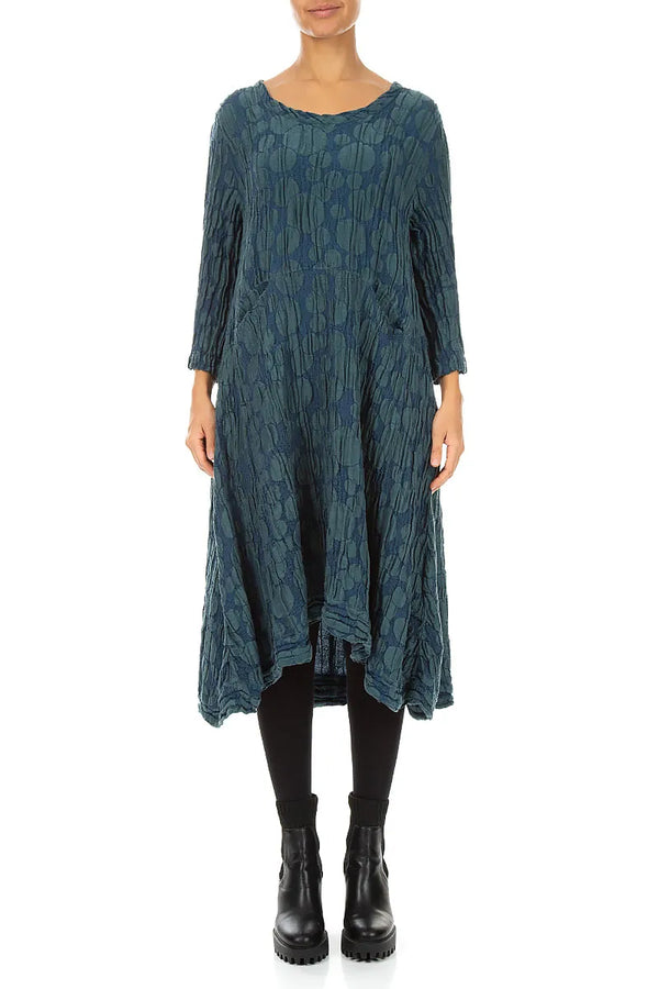 A-Line Deep Turquoise Circle Silk Linen Dress 1