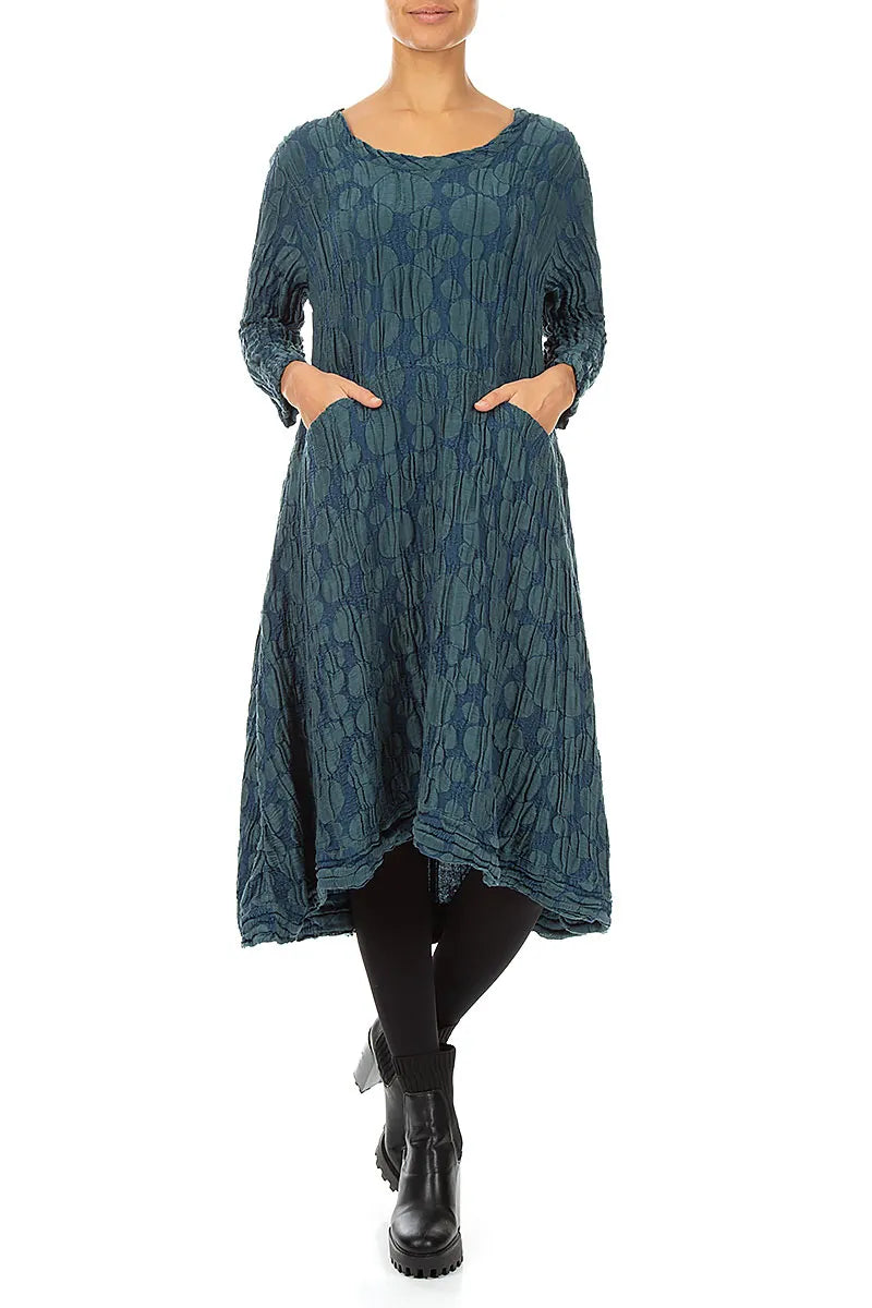 A-Linien-Kreiskleid aus Dunkeltürkis, Seide und Leinen