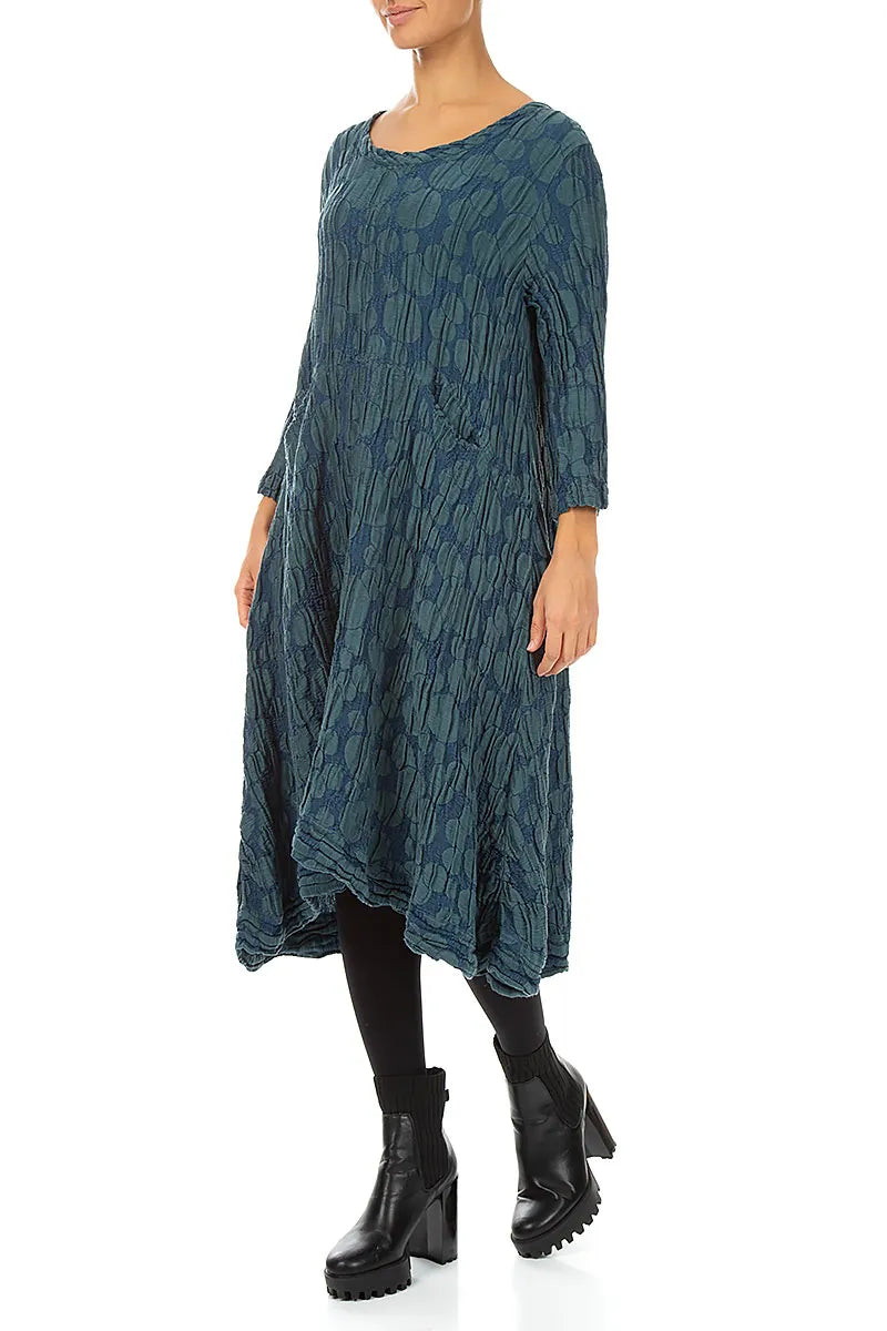 A-Linien-Kreiskleid aus Dunkeltürkis, Seide und Leinen