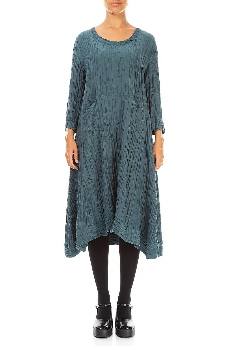A-Linien-Kleid aus Crinkle-Dunkeltürkisseide und Leinen