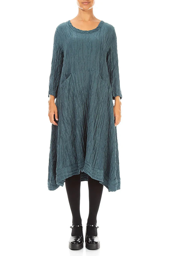A-Line Deep Turquoise Crinkled Silk Linen Dress 1