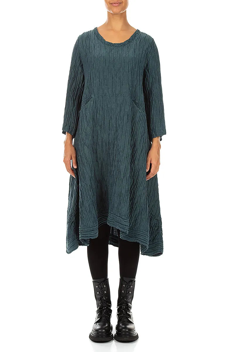 A-Line Deep Turquoise Crinkled Silk Linen Dress 1