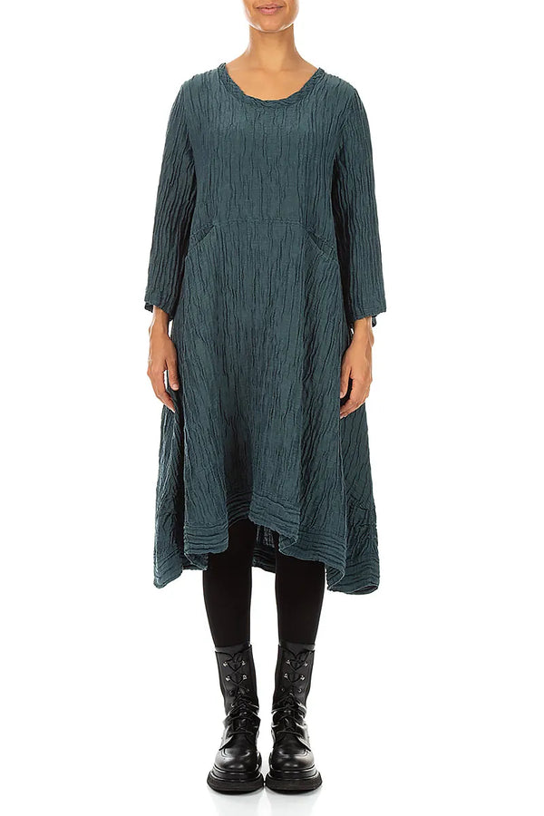 A-Line Deep Turquoise Crinkled Silk Linen Dress