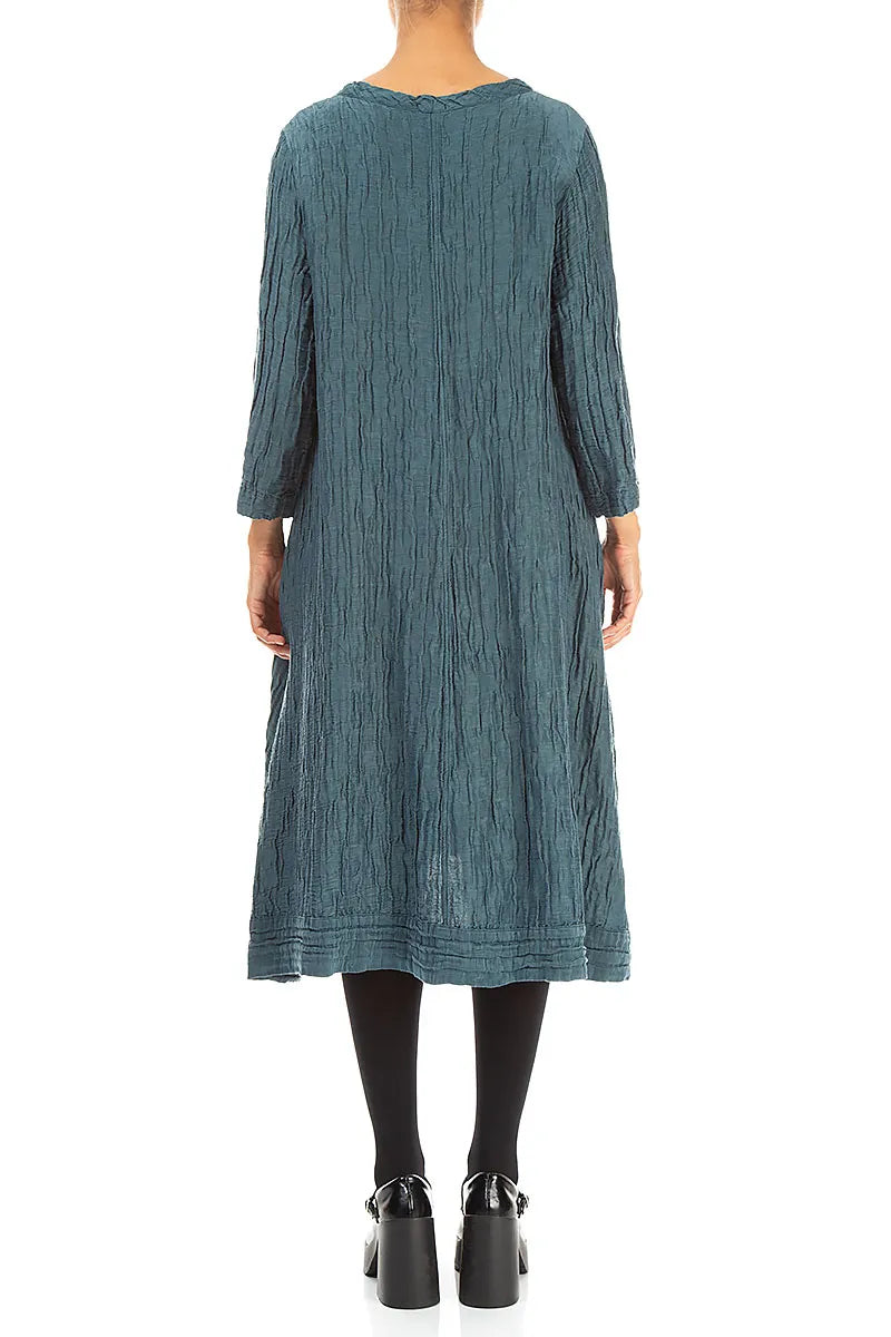 A-Linien-Kleid aus Crinkle-Dunkeltürkisseide und Leinen