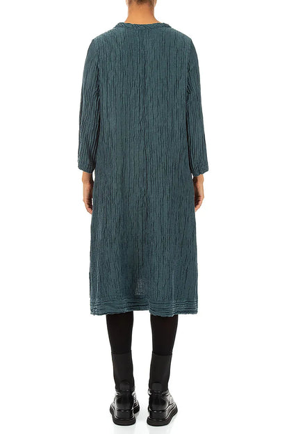 A-Line Deep Turquoise Crinkled Silk Linen Dress