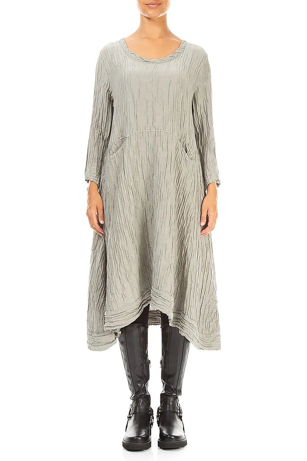 A-Line Olive Grey Crinkled Silk Linen Dress