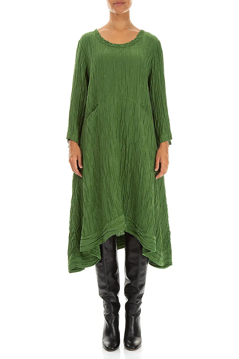 A-Line Shamrock Green Crinkled Silk Linen Dress