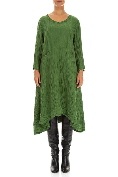 A-Line Shamrock Green Crinkled Silk Linen Dress