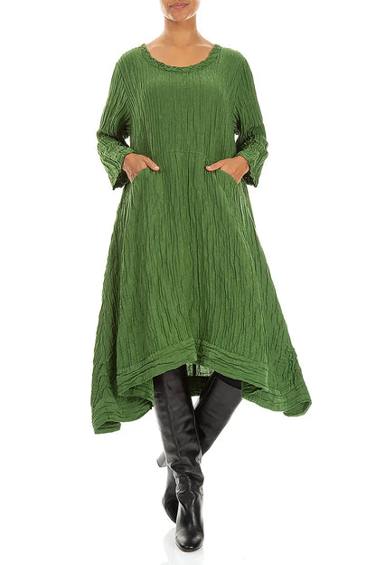 A-Line Shamrock Green Crinkled Silk Linen Dress
