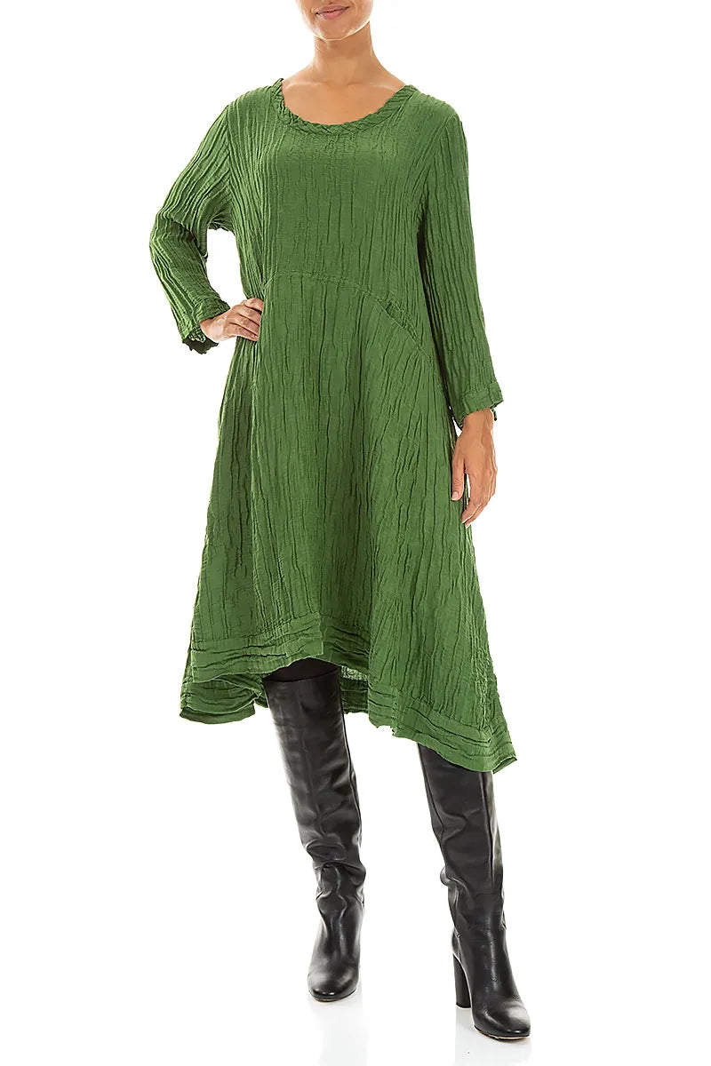 A-Line Shamrock Green Crinkled Silk Linen Dress