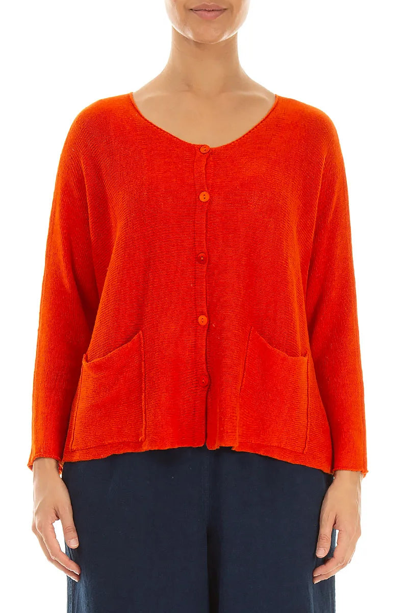 A-Line Two Pockets Flame Orange Linen Jumper 1