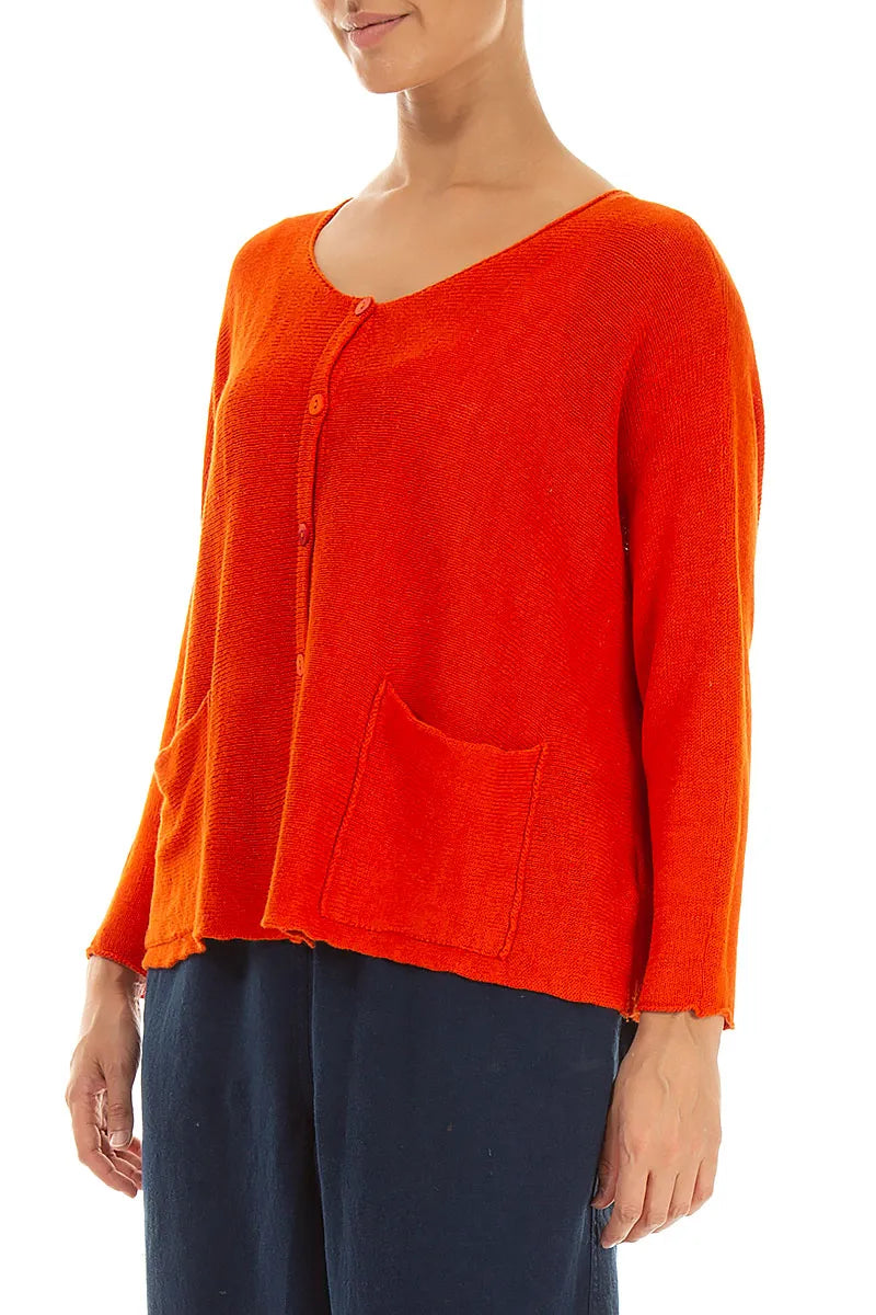 A-Line Two Pockets Flame Orange Linen Jumper 3