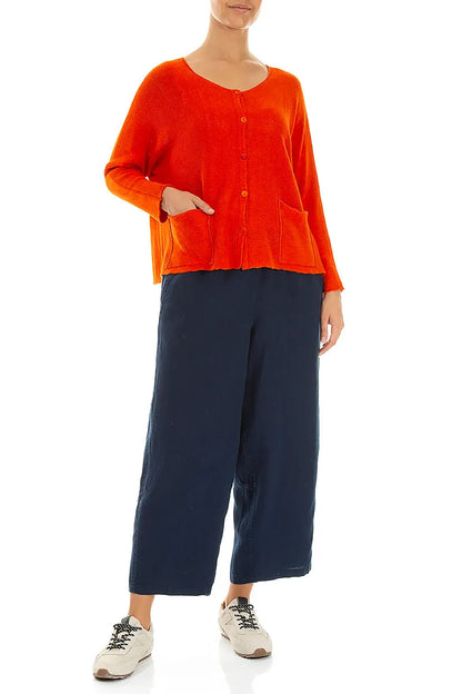 A-Line Two Pockets Flame Orange Linen Jumper 4