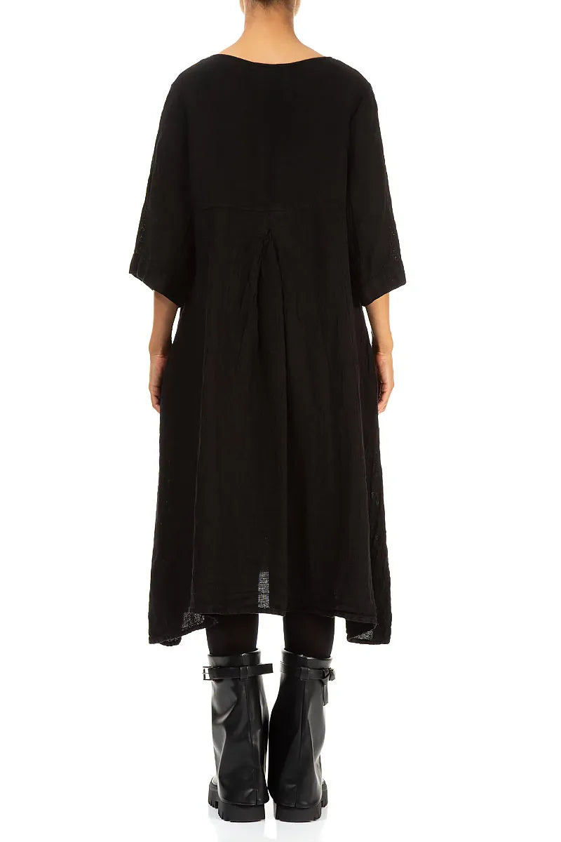 A-line Black Mélange Linen Dress