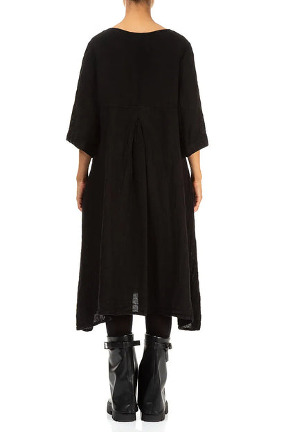 A-line Black Mélange Linen Dress