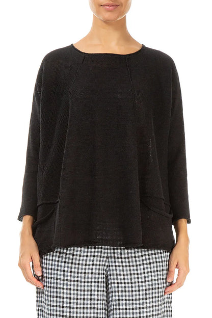 A-Line Two Pockets Black Linen Jumper 1