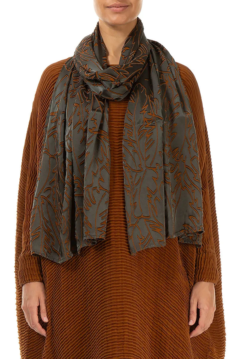 Aged Copper Devoré Feather Silk Scarf 1