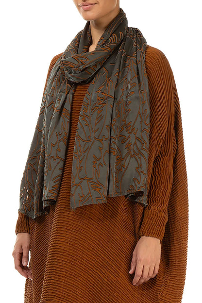 Aged Copper Devoré Feather Silk Scarf 4