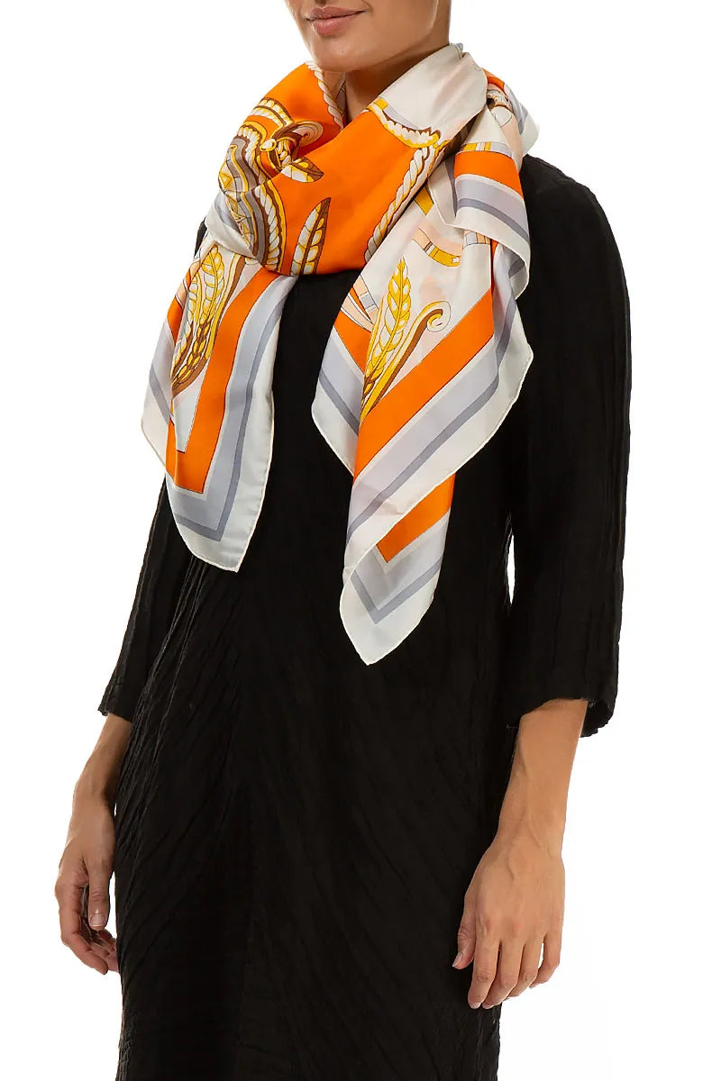Antique Printed Beige Orange Tones Silk Scarf
