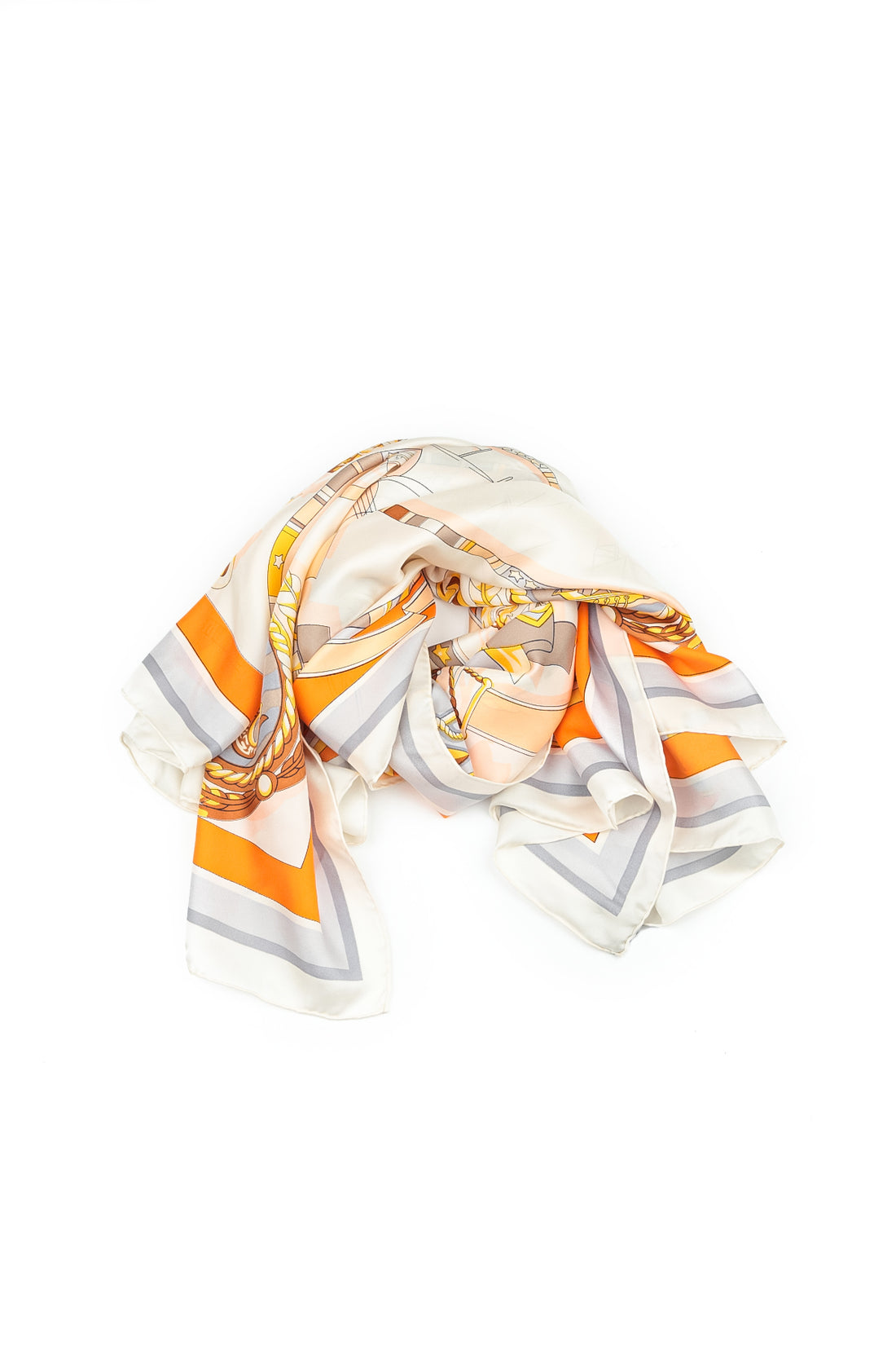 Foulard en soie imprimé antique aux tons beiges et oranges