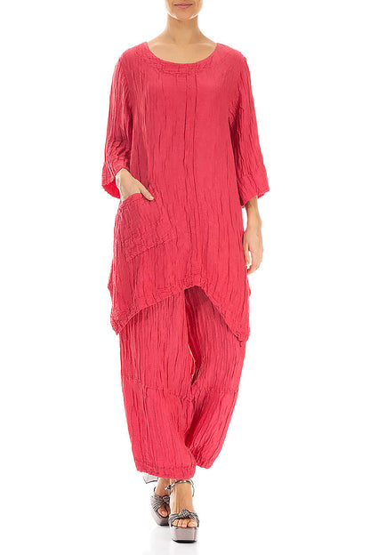 Asymmetric Crinkled Raspberry Silk Linen Tunic 4