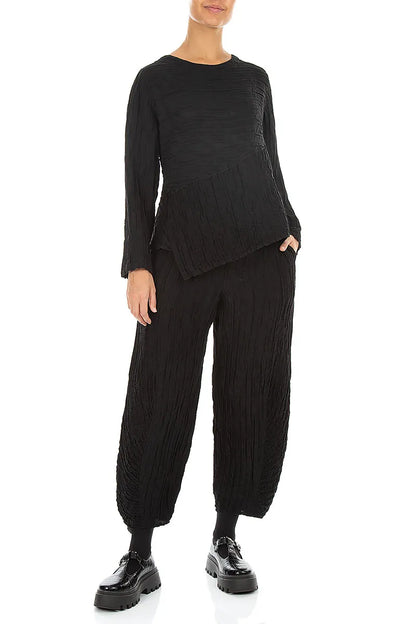 Asymmetrische Bluse aus schwarzem Crinkle-Seide-Leinen