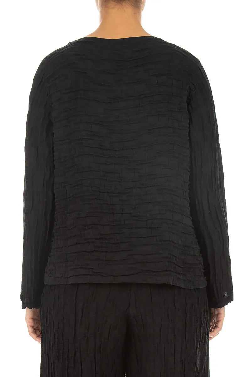 Asymmetrische Bluse aus schwarzem Crinkle-Seide-Leinen