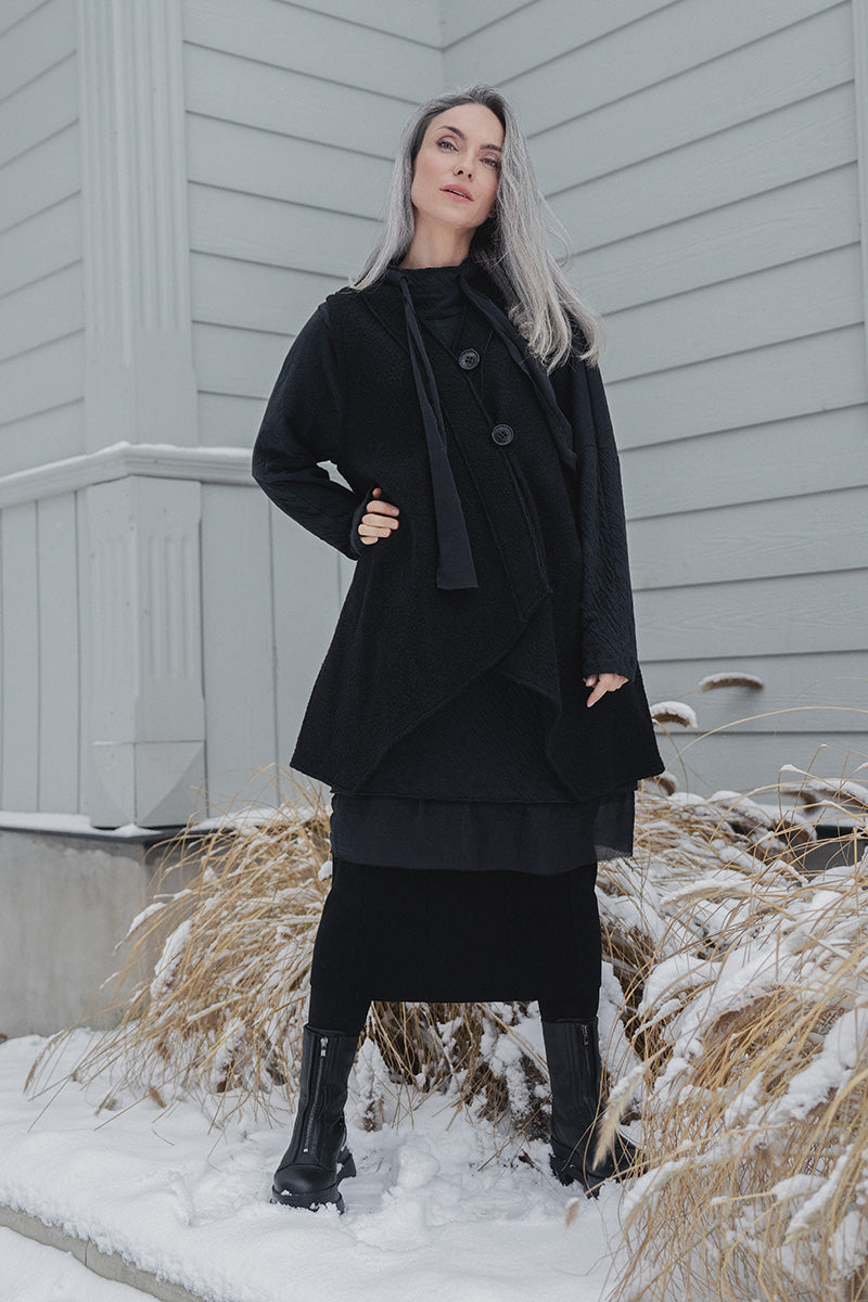 Asymmetric Black Plush Wool Cotton Gilet 1