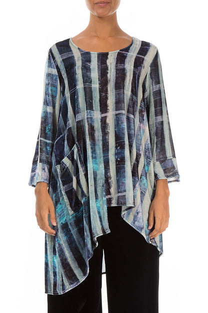 Asymmetric Blue Lines Stretchy Silk Velvet Tunic